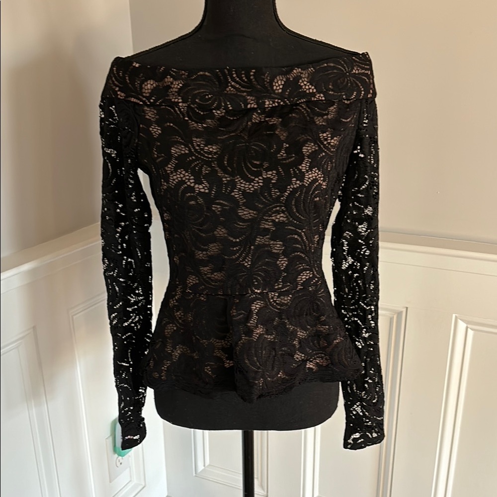 BCBGmaxazria off the shoulder lace peplum top, body with nude lining, size M